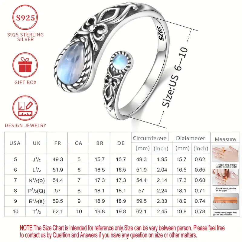 Anillo vintage bohemio de plata de ley con piedra lunar - Banda de cuchara ajustable con piedra sintética,