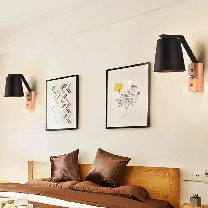 Lámpara de noche para dormitorio, bar, pasillo, lámpara de pared de madera maciza y vidrio