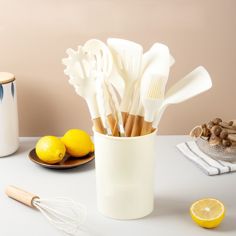 Juego de espátulas de cocina de silicona con mango de madera