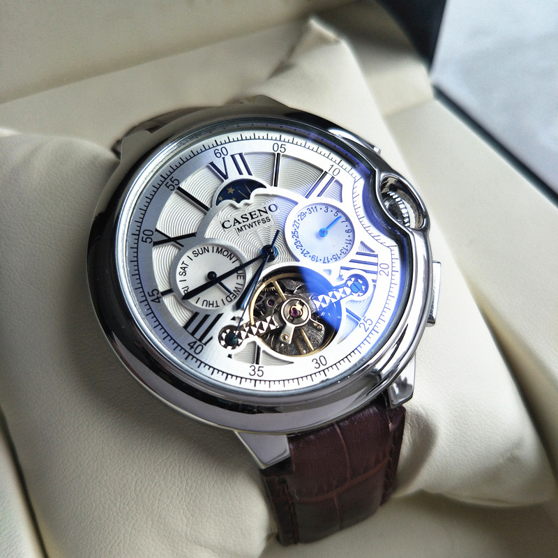 Reloj de hombre con correa de moda y luz azul, reloj mecánico automático multifunción para hombre.
