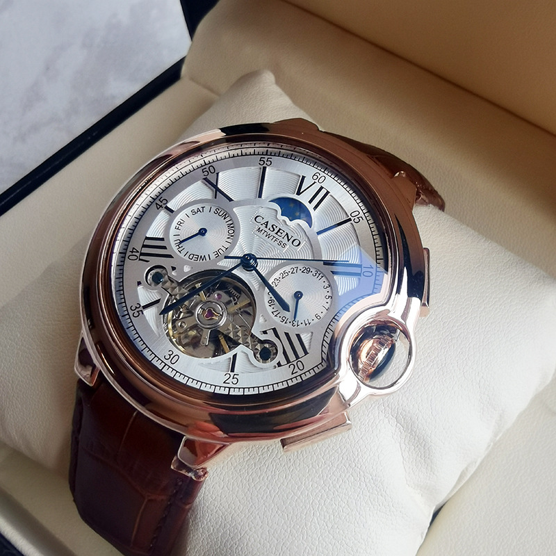Reloj de hombre con correa de moda y luz azul, reloj mecánico automático multifunción para hombre.