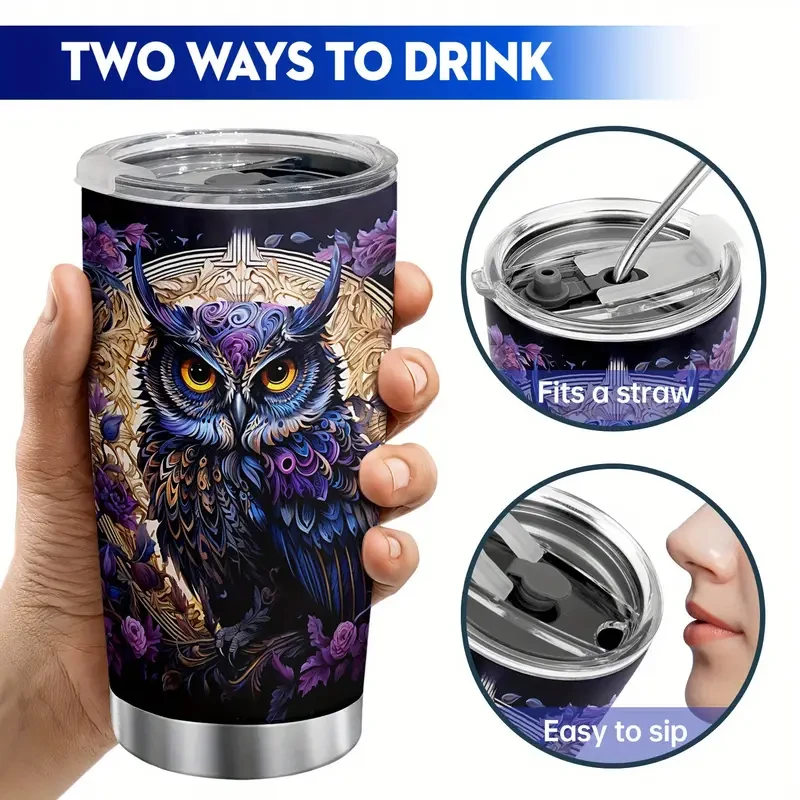 Vaso de 20 oz con diseño de búho - Taza de viaje con aislamiento al vacío y tapa