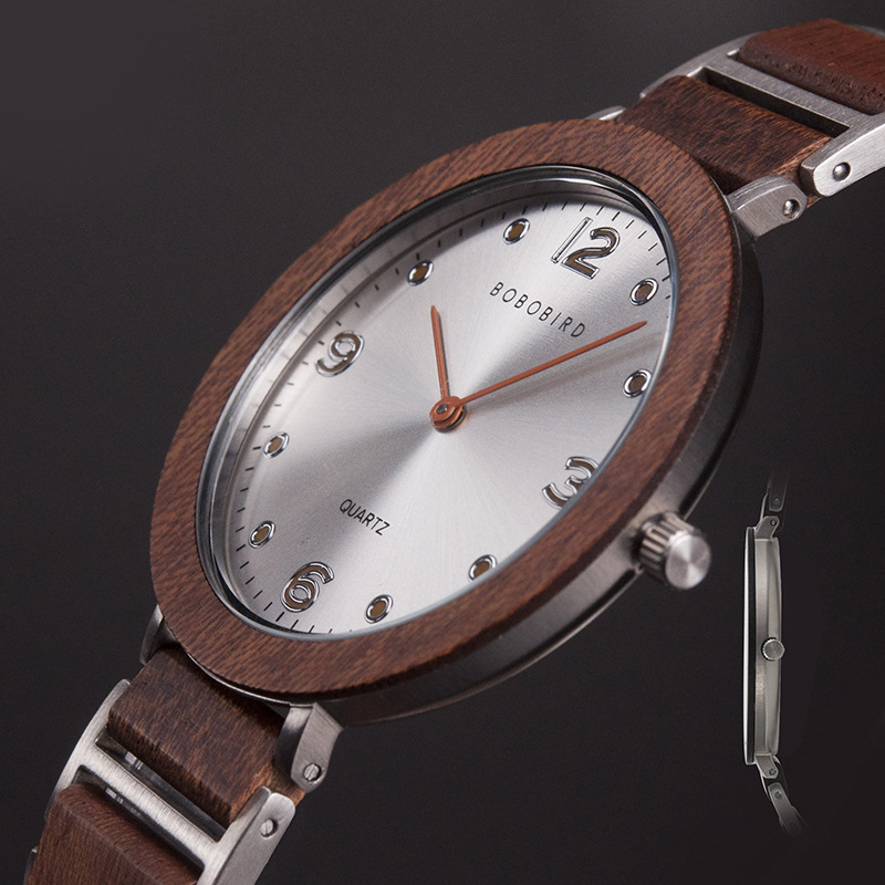 Reloj de madera de cuarzo, reloj casual de acero inoxidable resistente al agua