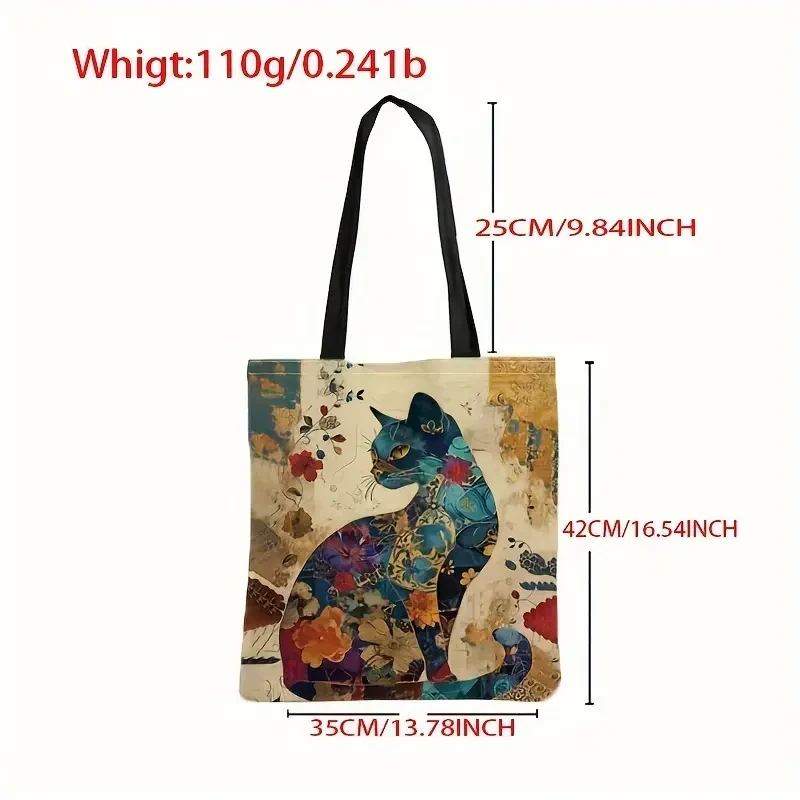 Bolso de hombro espacioso y elegante de lona con estampado de dibujos animados de gatos, duradero y elegante para mujer