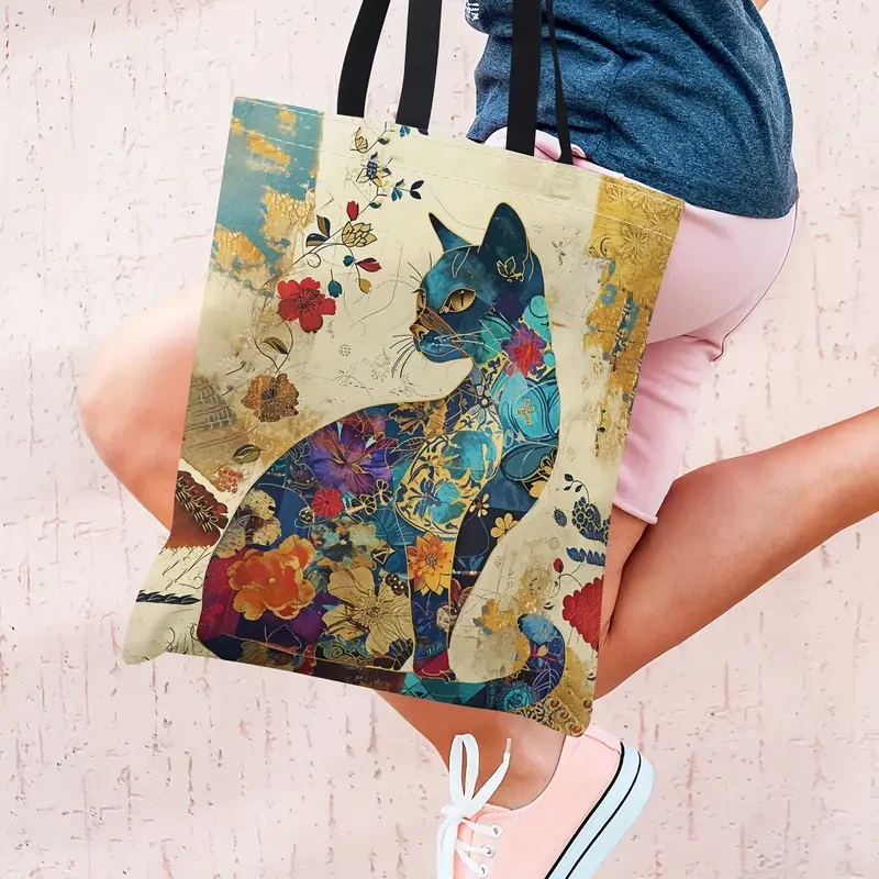 Bolso de hombro espacioso y elegante de lona con estampado de dibujos animados de gatos, duradero y elegante para mujer