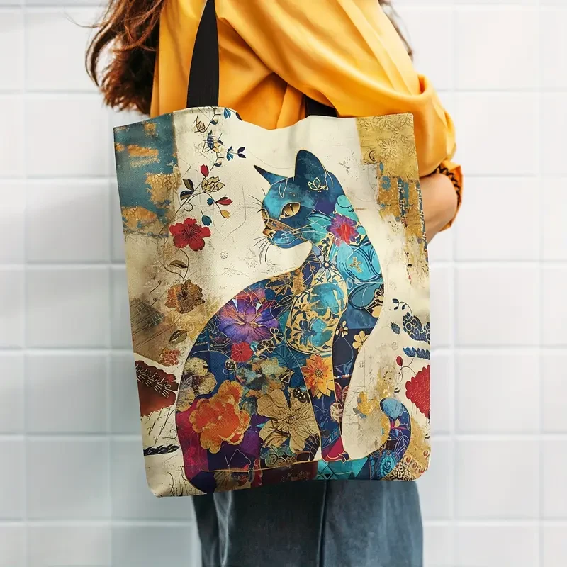 Bolso de hombro espacioso y elegante de lona con estampado de dibujos animados de gatos, duradero y elegante para mujer