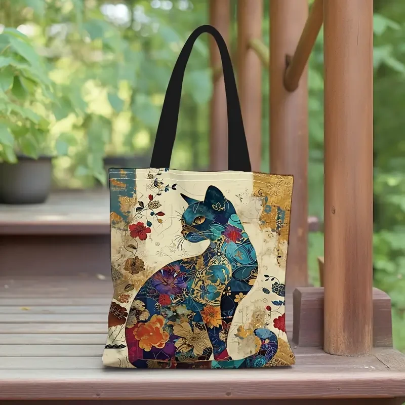 Bolso de hombro espacioso y elegante de lona con estampado de dibujos animados de gatos, duradero y elegante para mujer