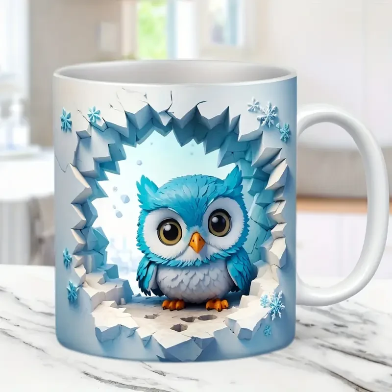 Taza de café de cerámica con búho 3D y diseño de pared rota