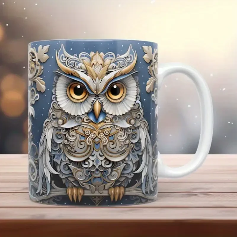 Taza de café de cerámica con búho 3D y diseño de pared rota