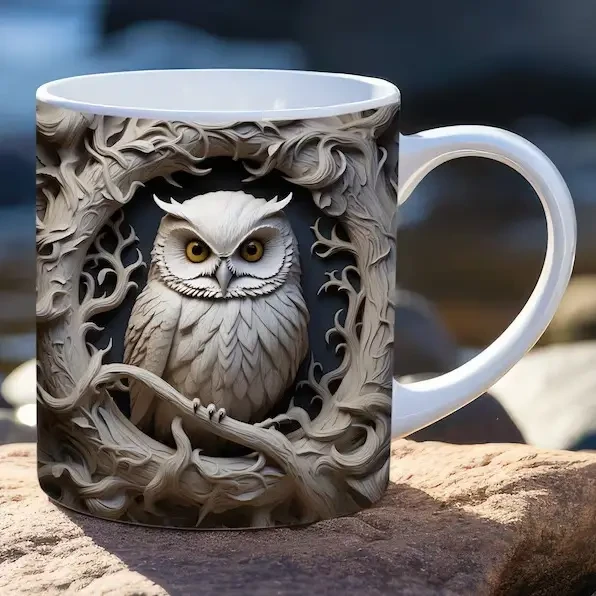 Taza de café de cerámica con búho 3D y diseño de pared rota