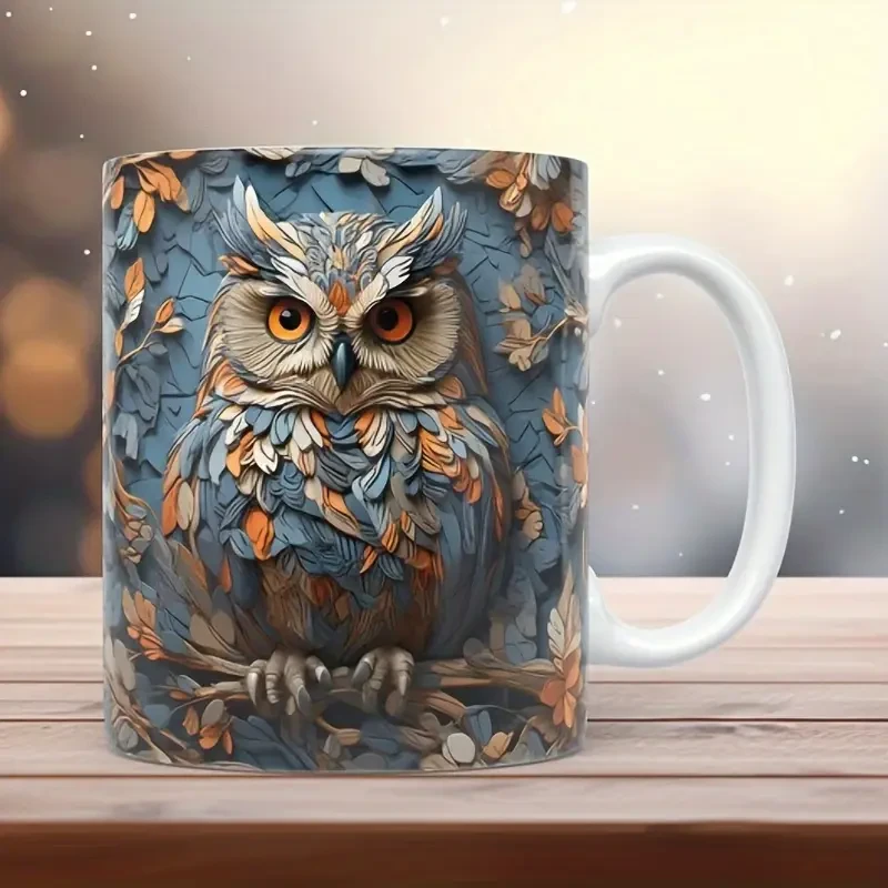 Taza de café de cerámica con búho 3D y diseño de pared rota