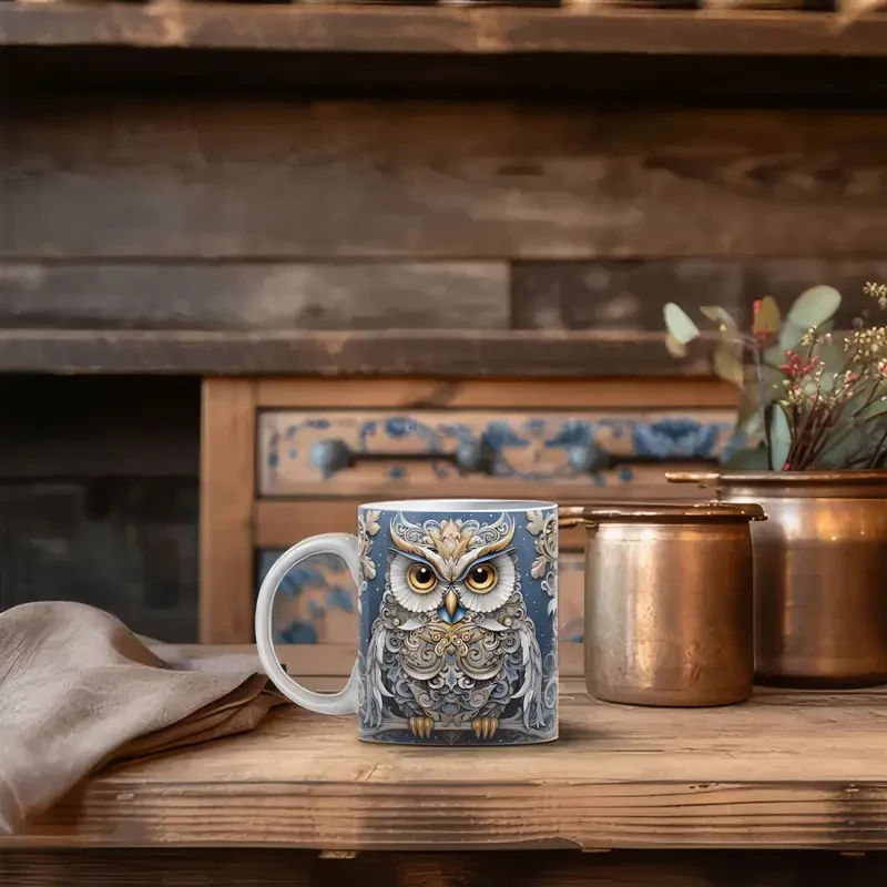 Taza de café de cerámica con búho 3D y diseño de pared rota