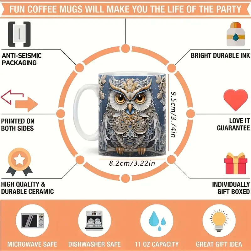 Taza de café de cerámica con búho 3D y diseño de pared rota