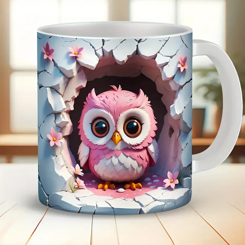 Taza de café de cerámica con búho 3D y diseño de pared rota
