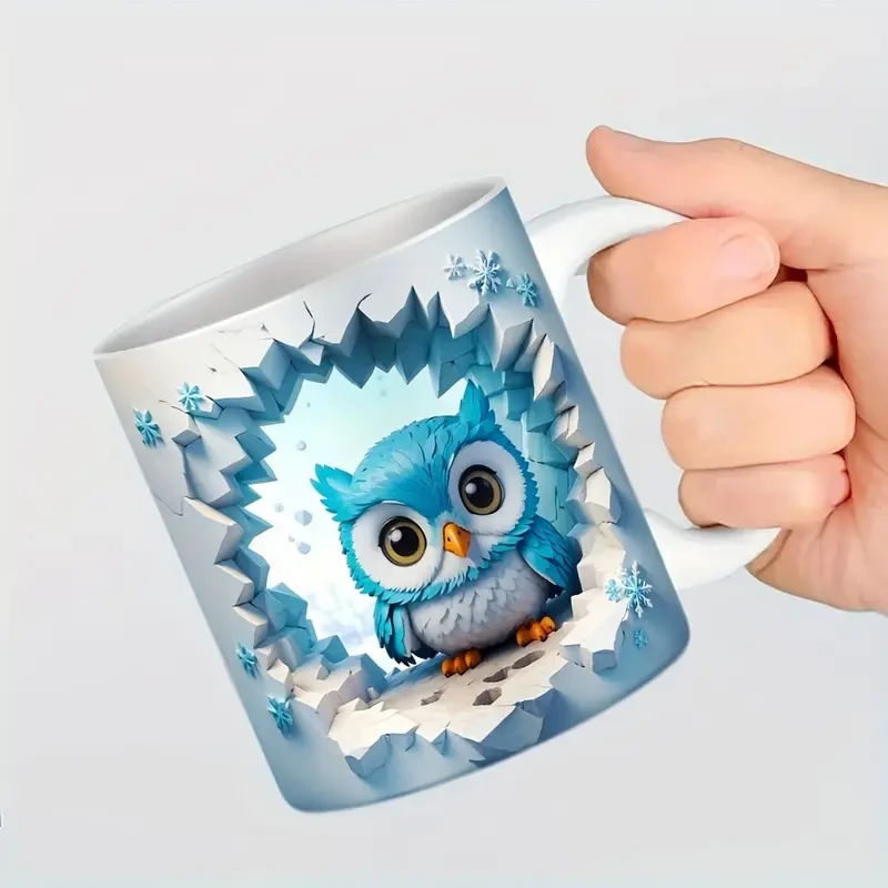 Taza de café de cerámica con búho 3D y diseño de pared rota