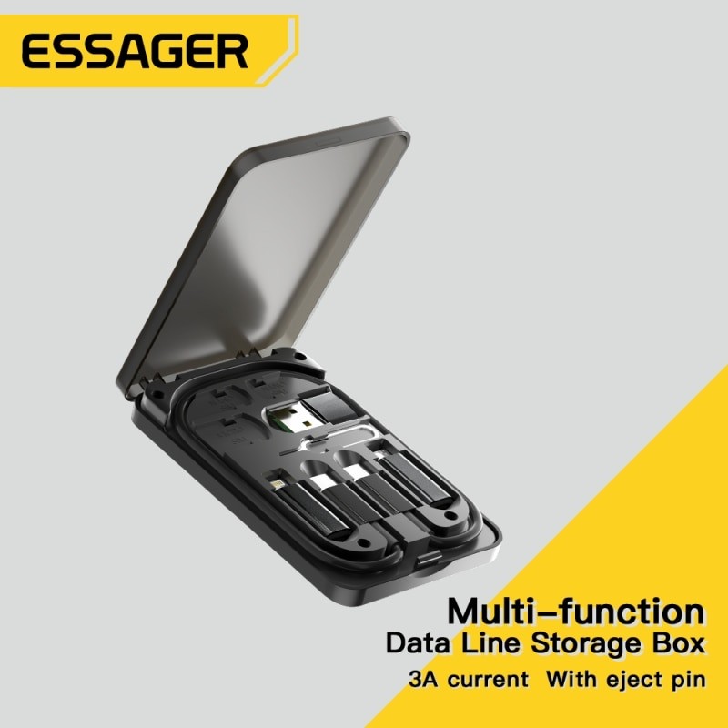 Cable USB C a USB C 4 en 1 Essager PD de 60 W, carga rápida, multidispositivo con soporte y caja de almacenamiento