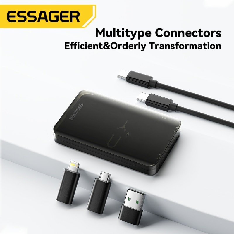 Cable USB C a USB C 4 en 1 Essager PD de 60 W, carga rápida, multidispositivo con soporte y caja de almacenamiento