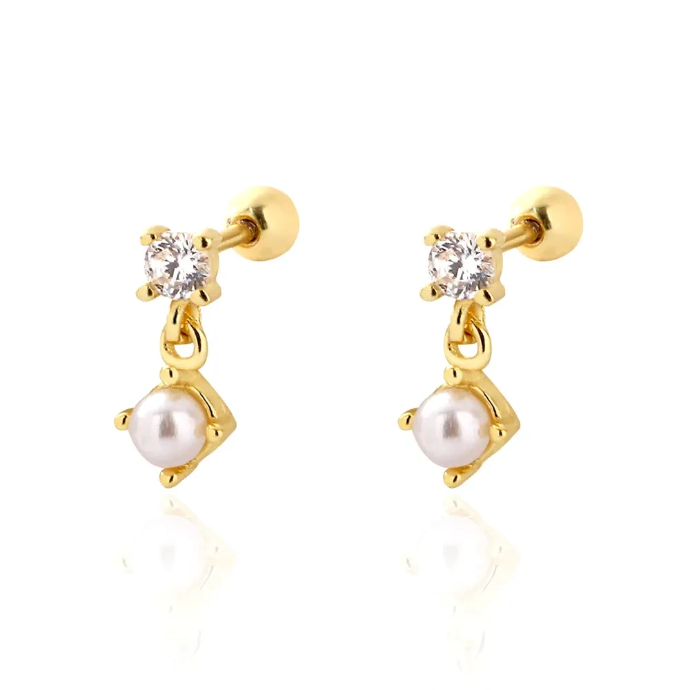Pendientes de perla con tornillos de diamante y plata