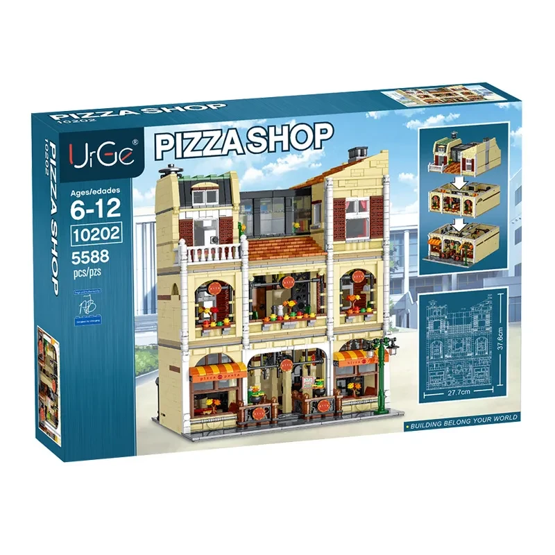Pizzería Street View Series Escena de la ciudad Modelo de juguete de bloques de construcción grandes ensamblados de alta dificultad