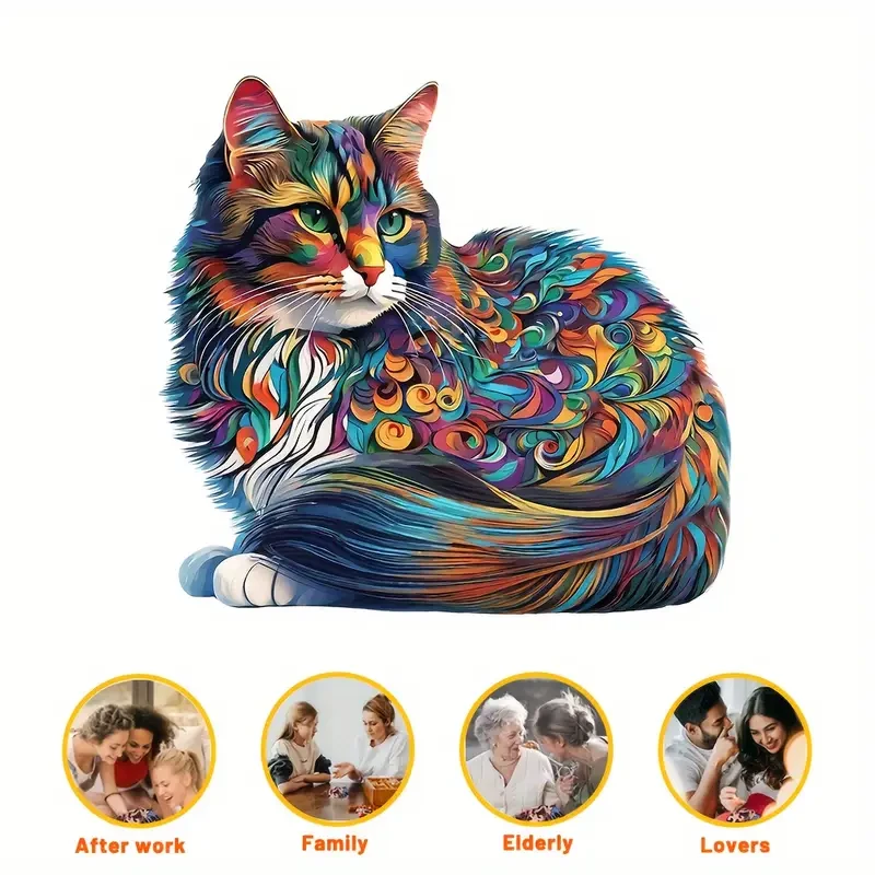 Rompecabezas de madera de gato colorido con forma única para mentes creativas