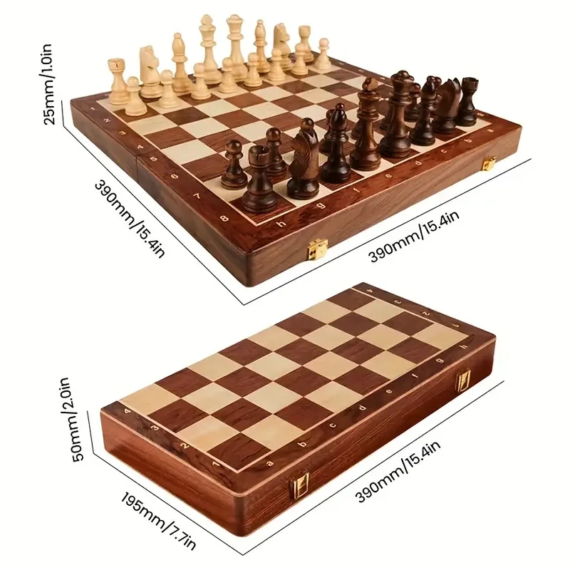 Juego de ajedrez plegable premium grande de madera maciza de 38,1 cm x 38,1 cm (15" x 15")