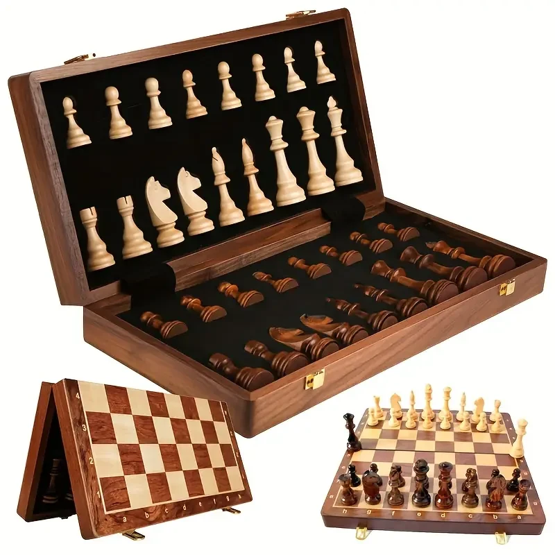 Juego de ajedrez plegable premium grande de madera maciza de 38,1 cm x 38,1 cm (15" x 15")