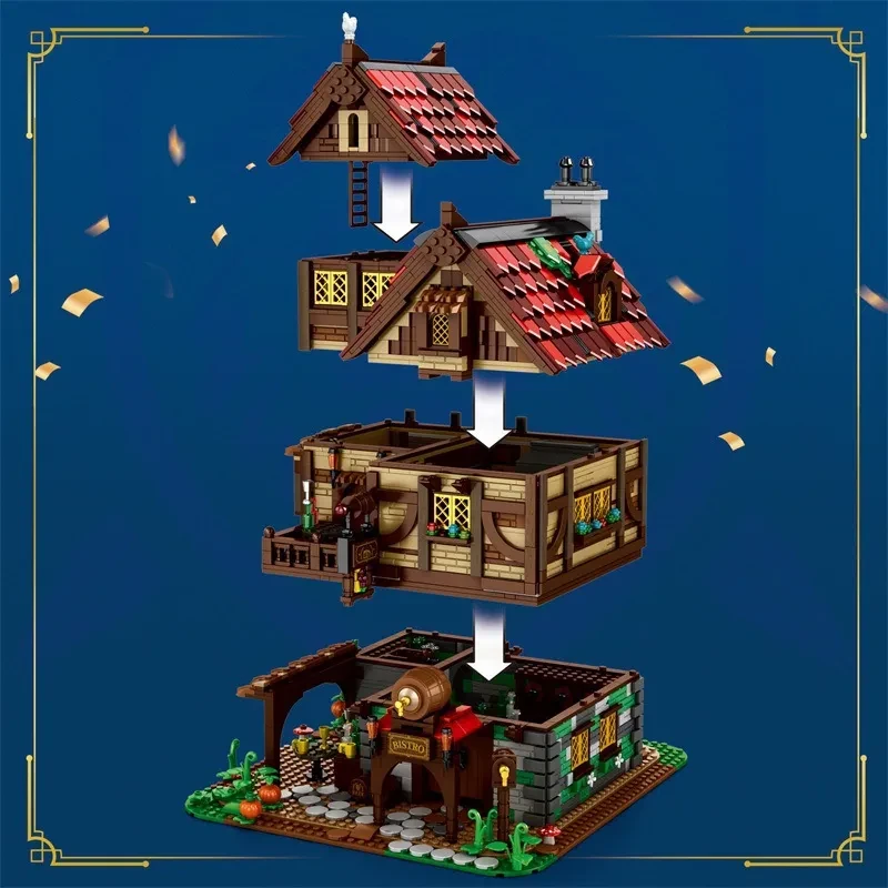 Juguetes de decoración de maquetas de pub medieval, rompecabezas, bloques de construcción ensamblados