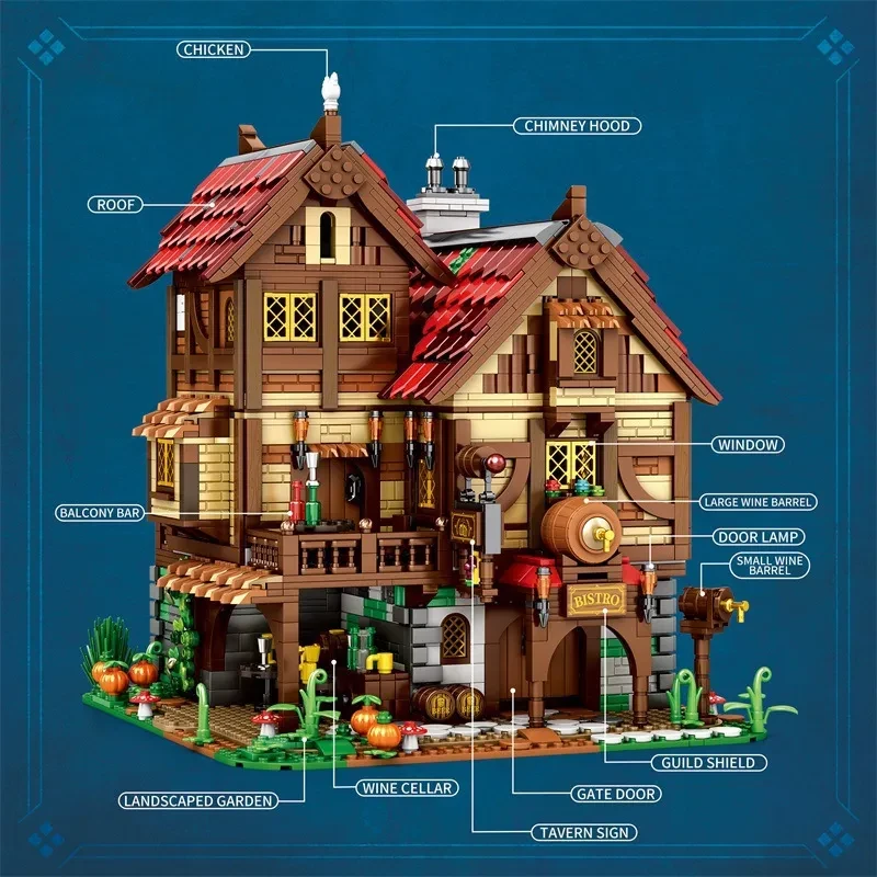 Juguetes de decoración de maquetas de pub medieval, rompecabezas, bloques de construcción ensamblados