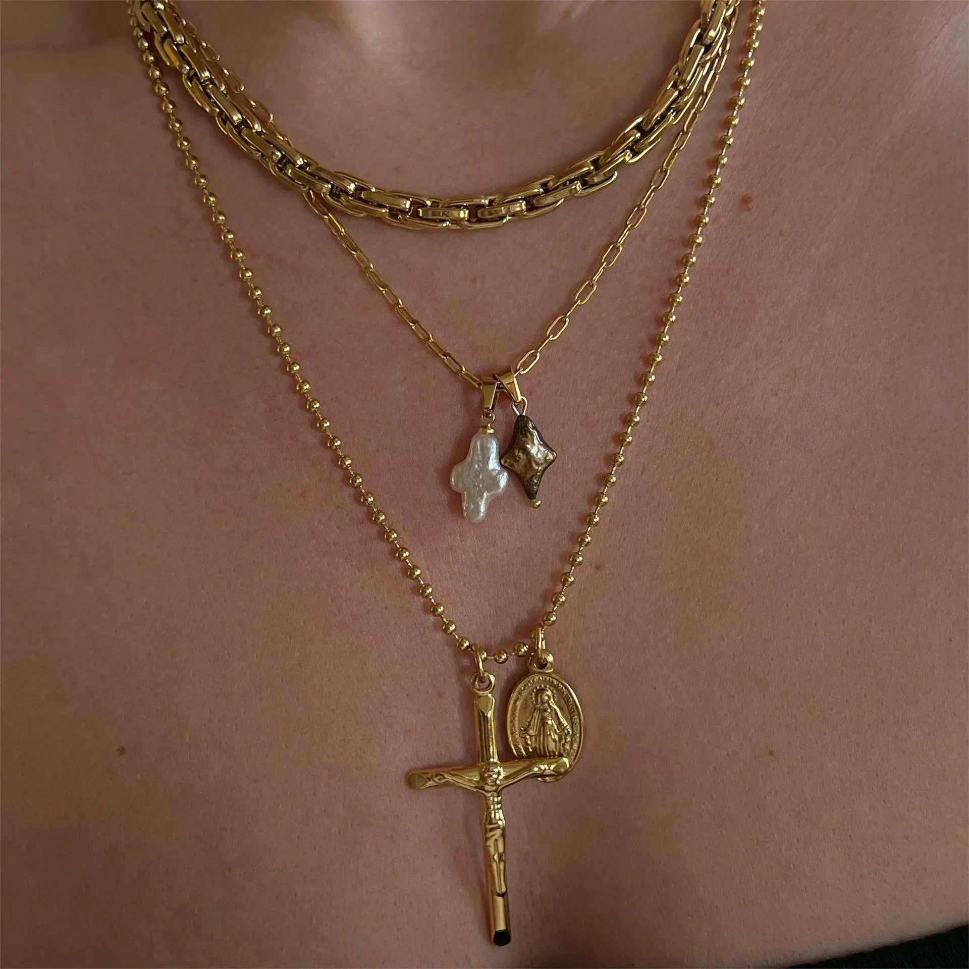 Collar con colgante de cruz de perla natural, accesorios de galvanoplastia al vacío
