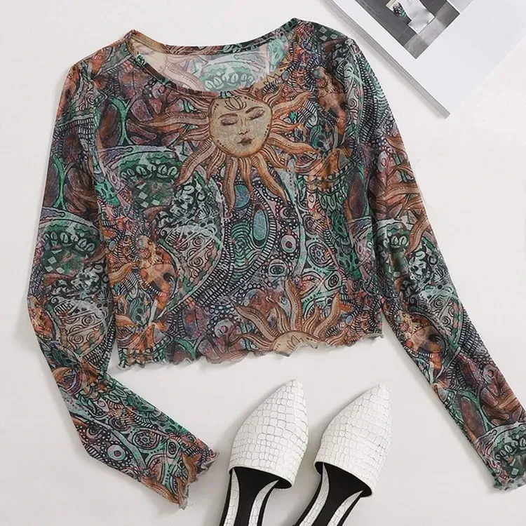 Blusa de mujer con cuello redondo, malla transparente y estampado de girasoles, mangas largas