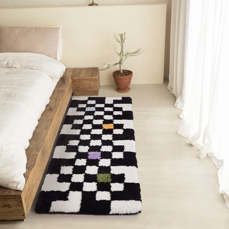 Alfombra vintage de tablero de ajedrez para mesita de noche de dormitorio