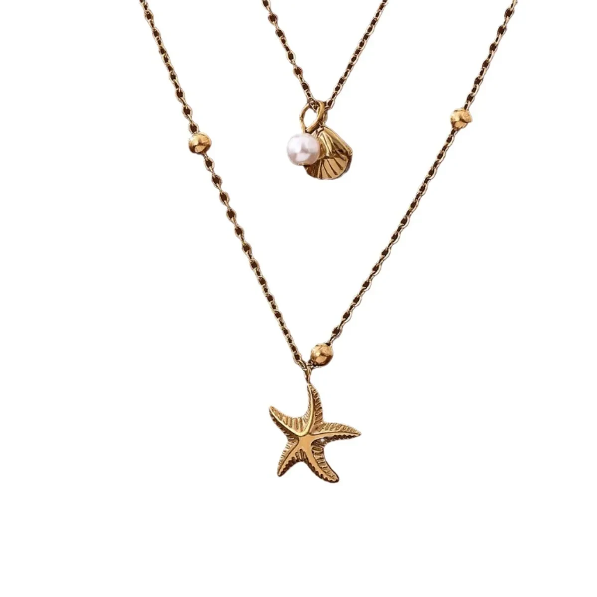 Collar de concha de estrella de mar de doble capa con alta retención de color en acero de titanio y baño de vapor al vacío en oro de 18 quilates.