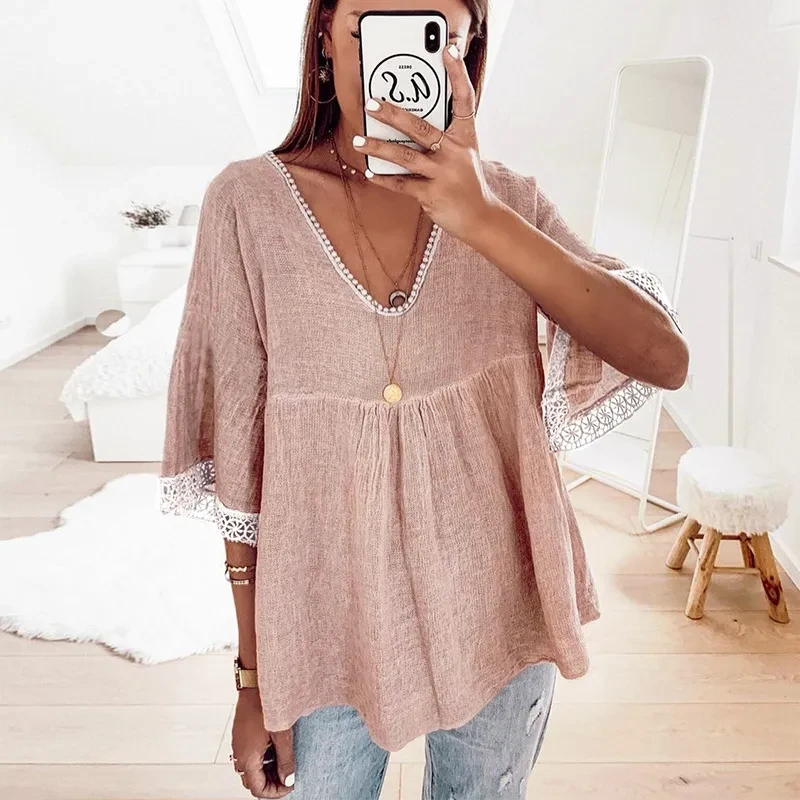 Camisa de manga de cinco puntos con costura de encaje para mujer