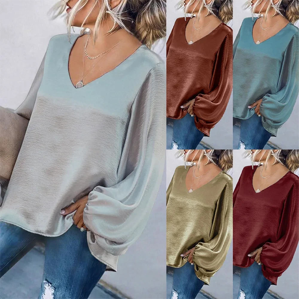 Camiseta holgada de manga larga con cuello en V y color liso para mujer