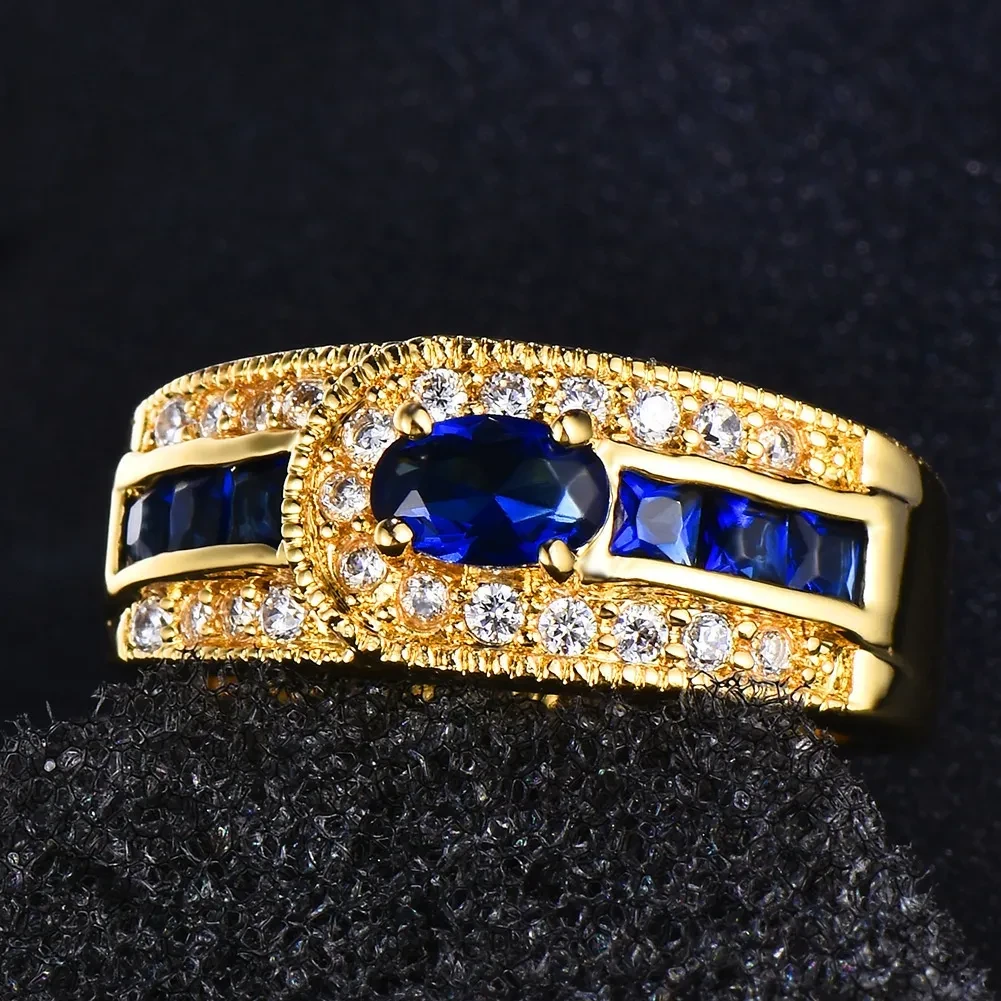 Anillo de circonita azul bañado en oro de 18 quilates para mujer de Fashion OL
