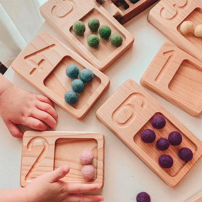Juguetes Montessori de madera con marco de nogal, tablero de conteo, bandeja piramidal, números digitales
