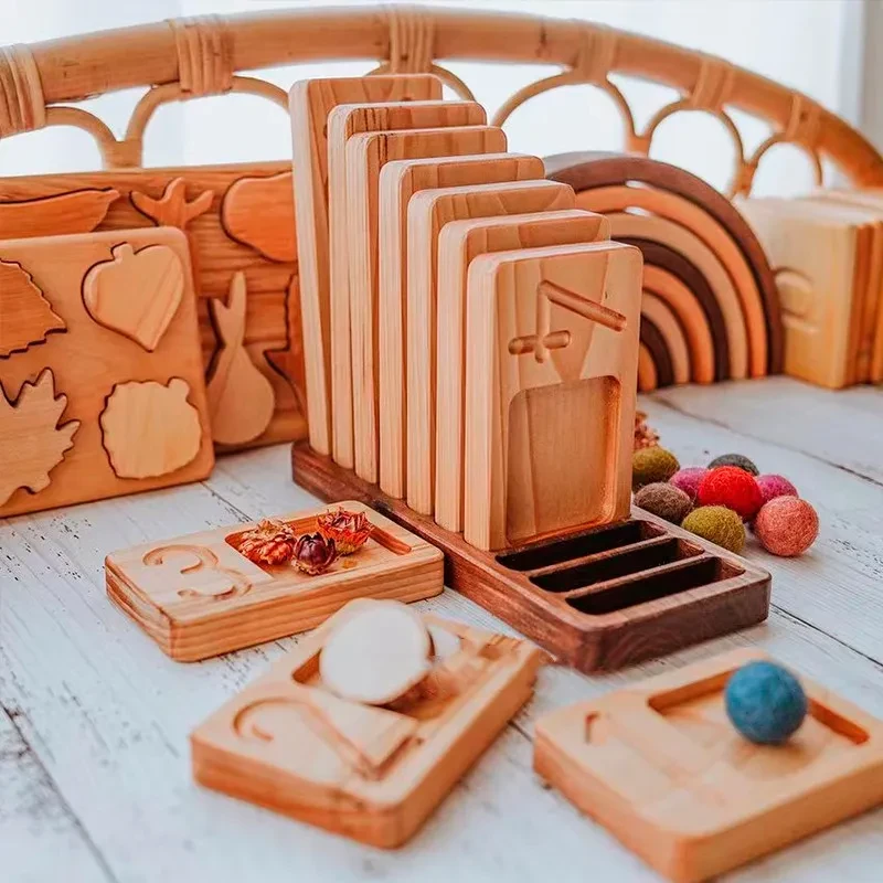 Juguetes Montessori de madera con marco de nogal, tablero de conteo, bandeja piramidal, números digitales