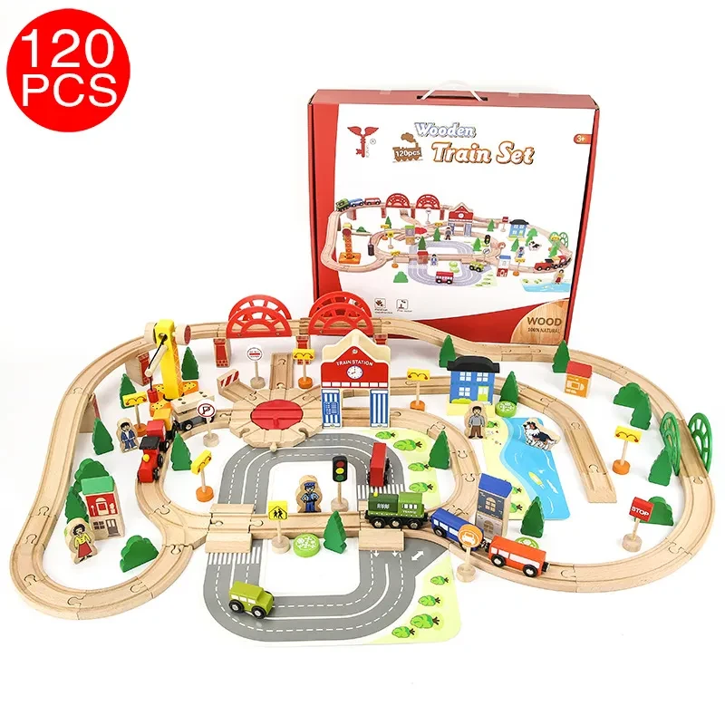 Tren de juguete de madera de 120 piezas para niños