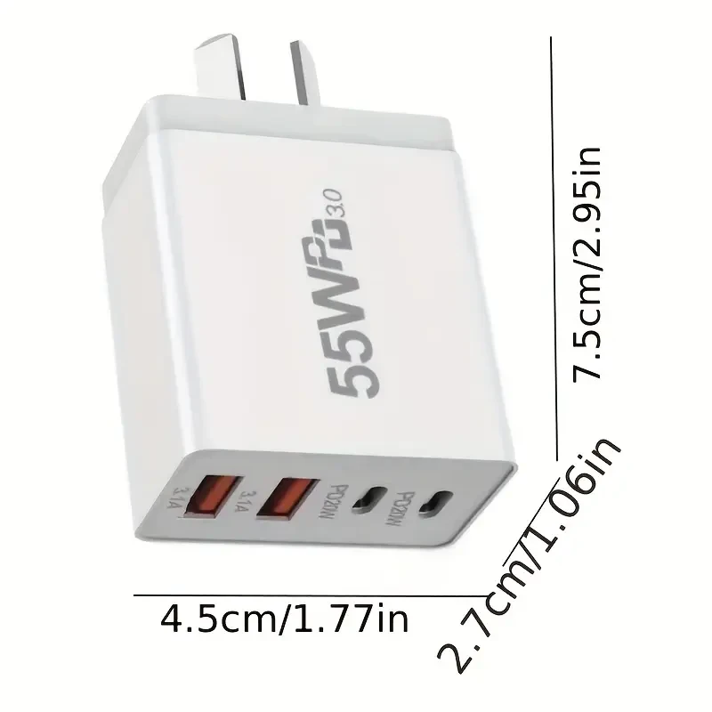 Adaptador de corriente GaN de carga rápida de 4 puertos y 55 W