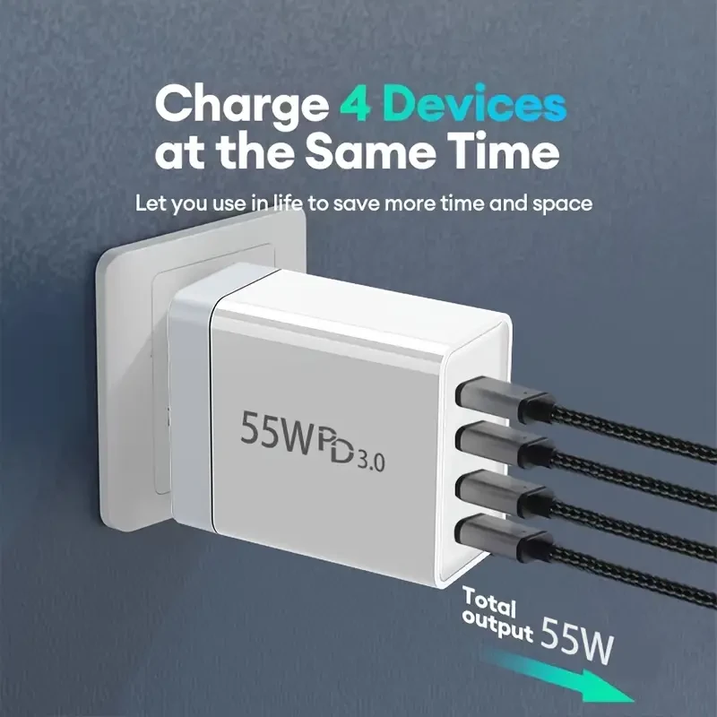 Adaptador de corriente GaN de carga rápida de 4 puertos y 55 W