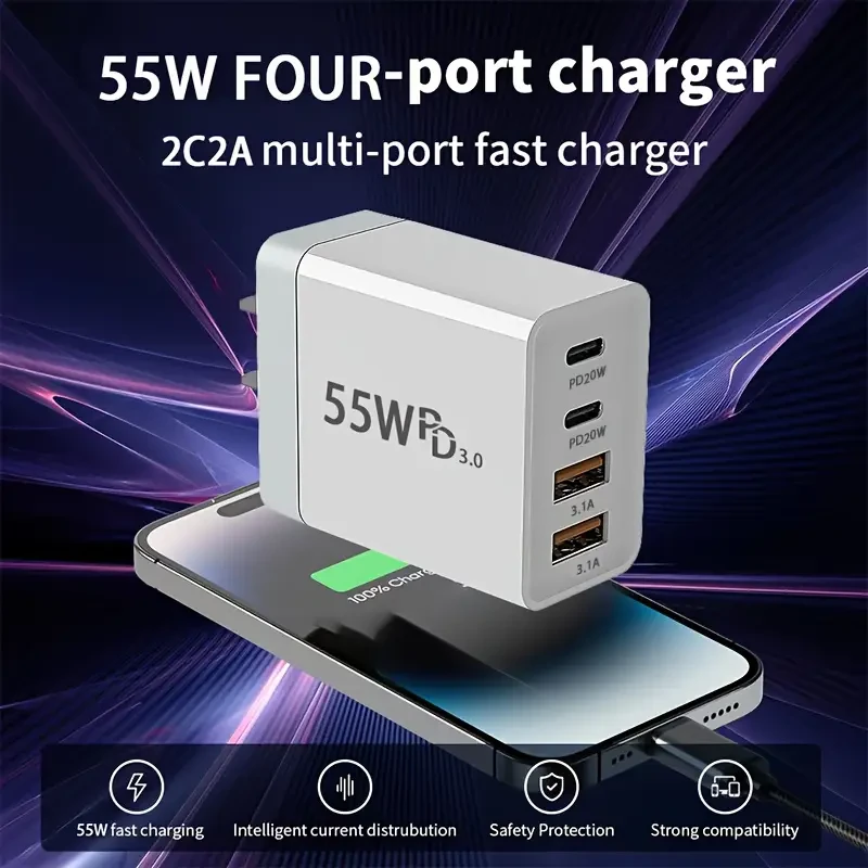 Adaptador de corriente GaN de carga rápida de 4 puertos y 55 W