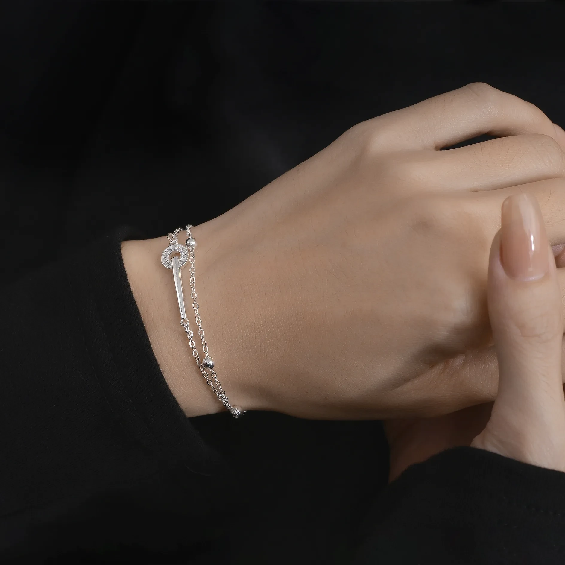 Pulsera de doble capa con dos anillos para mujer