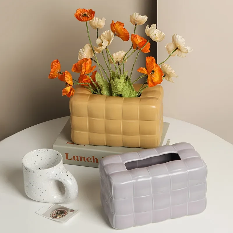 Jarrón de cerámica con bolsa tejida moderna, caja de almacenamiento para el hogar, color Morandi, para decoración de mesa, venta al por mayor