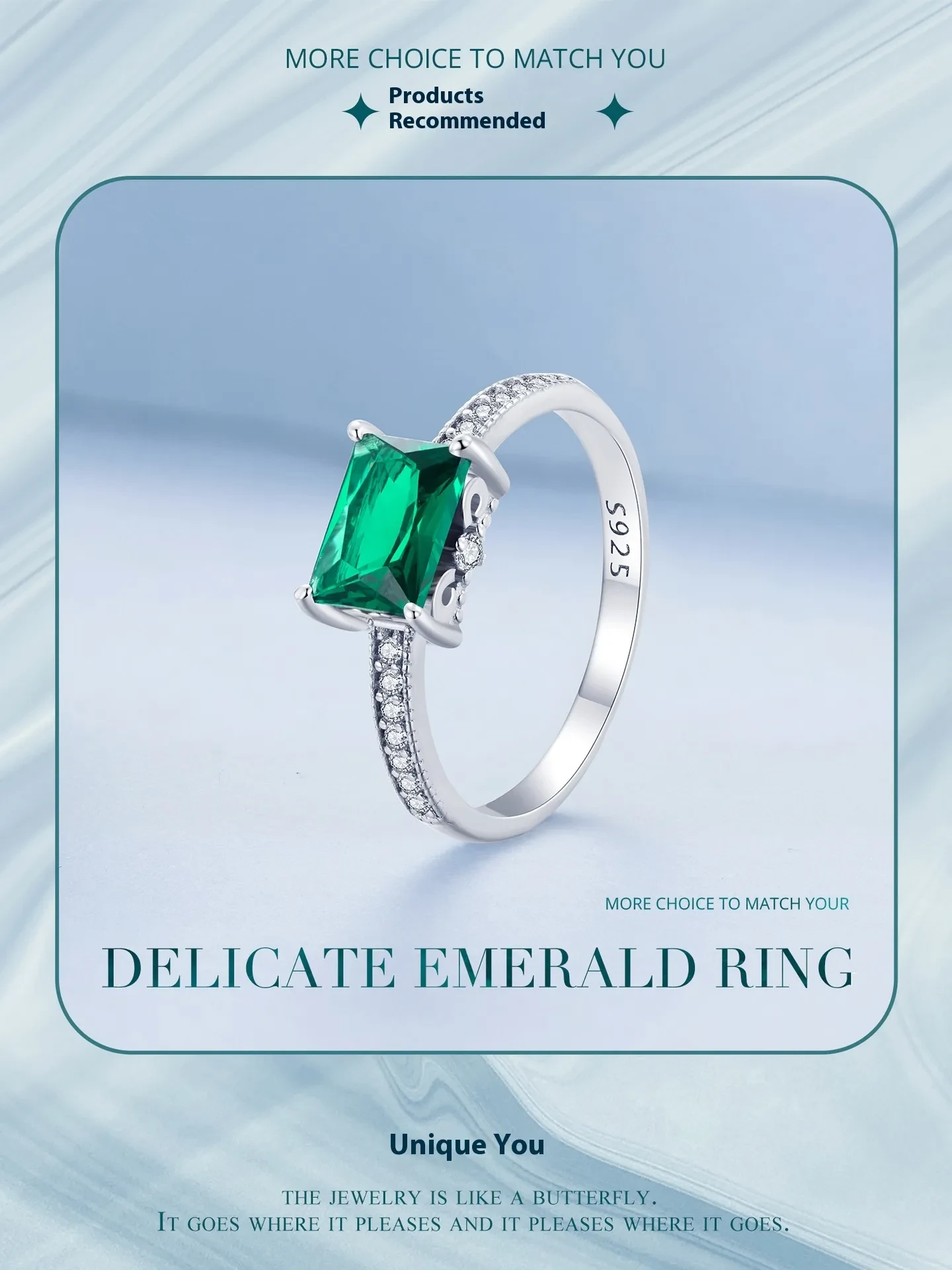 Anillo verde bañado en oro blanco y plata de ley S925