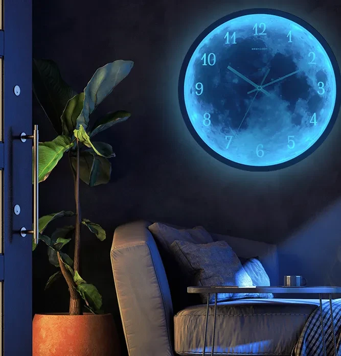 Reloj de pared de 12 pulgadas para decoración del hogar, diseño de luna azul, con control de sonido, luminoso, sencillo, moderno, silencioso, estilo gótico.