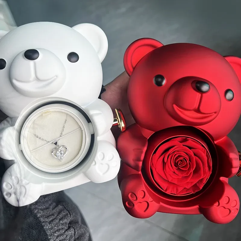 Caja de regalo con forma de oso giratorio y joyero con forma de rosa