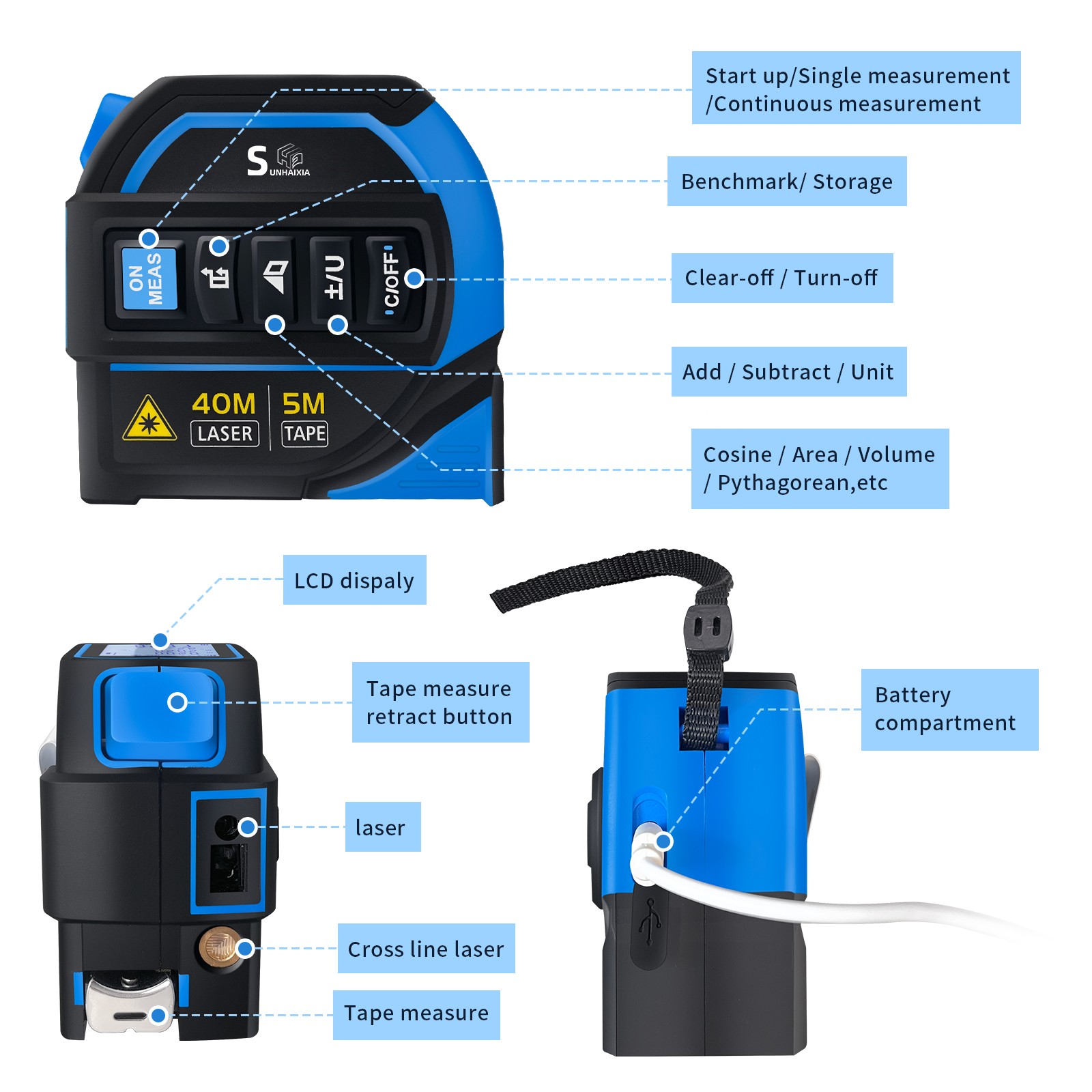 Medidor de distancia láser digital 4 en 1 HAIZHIHUI - Cinta métrica con nivel electrónico para medición lineal