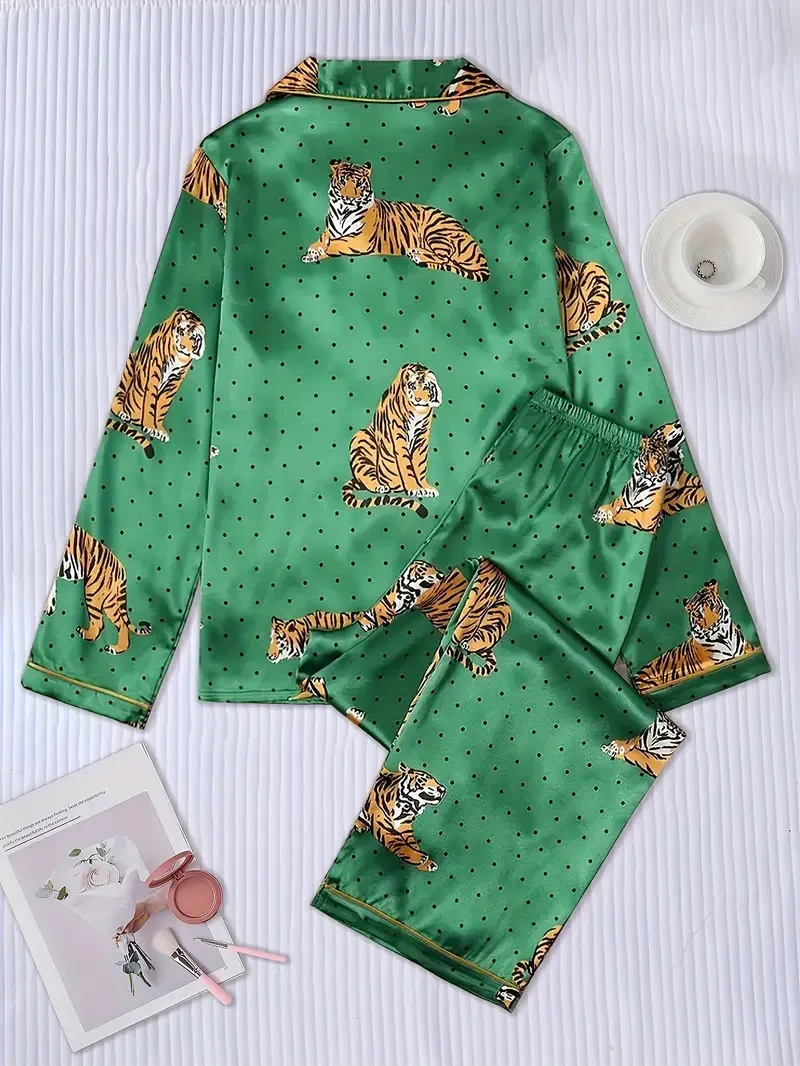 Conjunto de pijama de cárdigan con estampado de tigre y cuello vuelto, manga larga de satén y pantalón largo