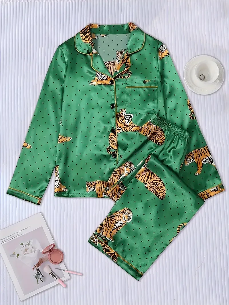 Conjunto de pijama de cárdigan con estampado de tigre y cuello vuelto, manga larga de satén y pantalón largo