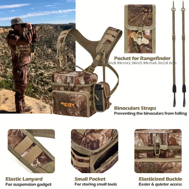 Peto de caza de camuflaje con arnés para binoculares, bolsillo para telémetro y patrón de camuflaje patentado.